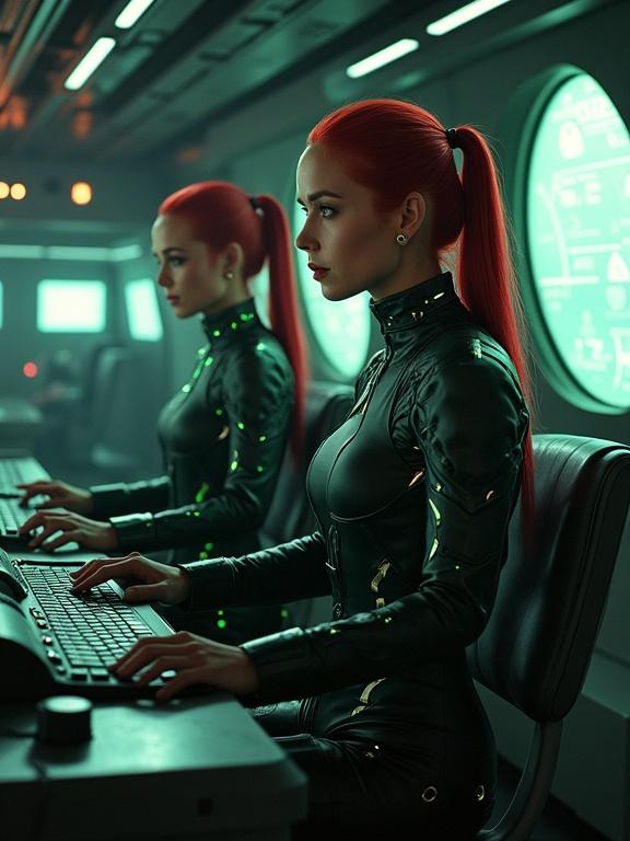Women with red ponytails in dark suits with green lights at futuristic consoles. Control room or spaceship bridge with glowing screens. Serious expressions.