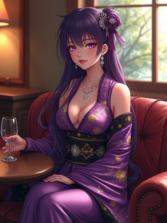 Anime character resting on a vintage leather sofa in a retro lounge. She has violet hair and wears a shiny violet kimono with gold patterns. The atmosphere is warm and inviting with classic decor. A glass of wine sits on the table beside her. A serene view of trees can be seen through the window.