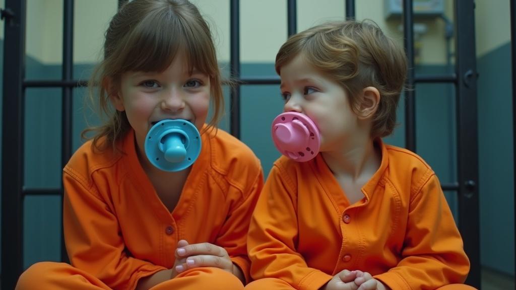 Mother and son sitting in jail cell. Both wear orange jumpsuits and oversized pacifiers. Son has blue pacifier; mother has pink pacifier. They look happy and playful. Son shows drawing of himself behind bars.