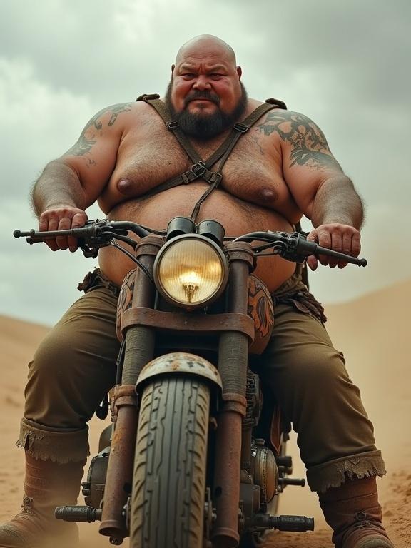 A 50s Mongolian warrior, obese yet colossal-muscled, dominates a rusted motorcycle. Bald, round face with thick brows, a salt-and-pepper goatee. Weathered skin with coarse texture, visible pores, and sun-cracked wrinkles with thick chest hair, arms contrast with scars. Sweat glistens on dirt-streaked torso, straining a leather harness. Reinforced pants and muddy boots anchor his frame. Ultra-low angle amplifies scale against desert storms with tribal-engraved motorcycle. Dust swirls around hyper-detailed skin, creases, and wiry hair merge with muscle under fat. Traditional motifs echo heritage, stormy lighting sharpens every pore and detail. Defiance radiates through crow’s feet and snarling smirk.