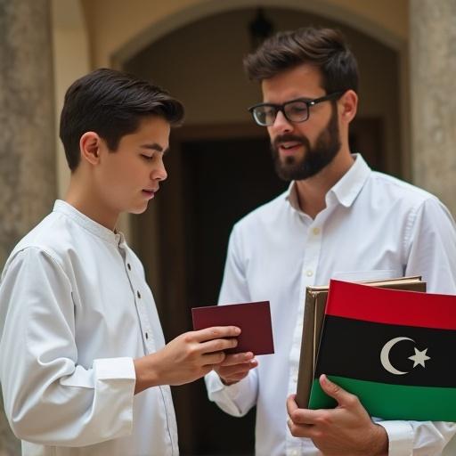 Young boy dressed in white holds Libyan flag giving dark red invitation card to male math teacher. Teacher looks surprised and relaxed with a smile. Scene has a cinematic feel.