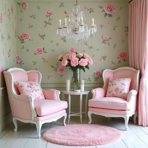 Cottage-style living room features cream, light pink, white, and sage green. Rose print pillows add softness. A vase filled with pink roses creates a focal point. Crystal chandelier sparkles above. Pink wingback chairs complement the decor. A pink oval rug sits on white wood flooring. Sage green wallpaper displays a delicate pink rose print.