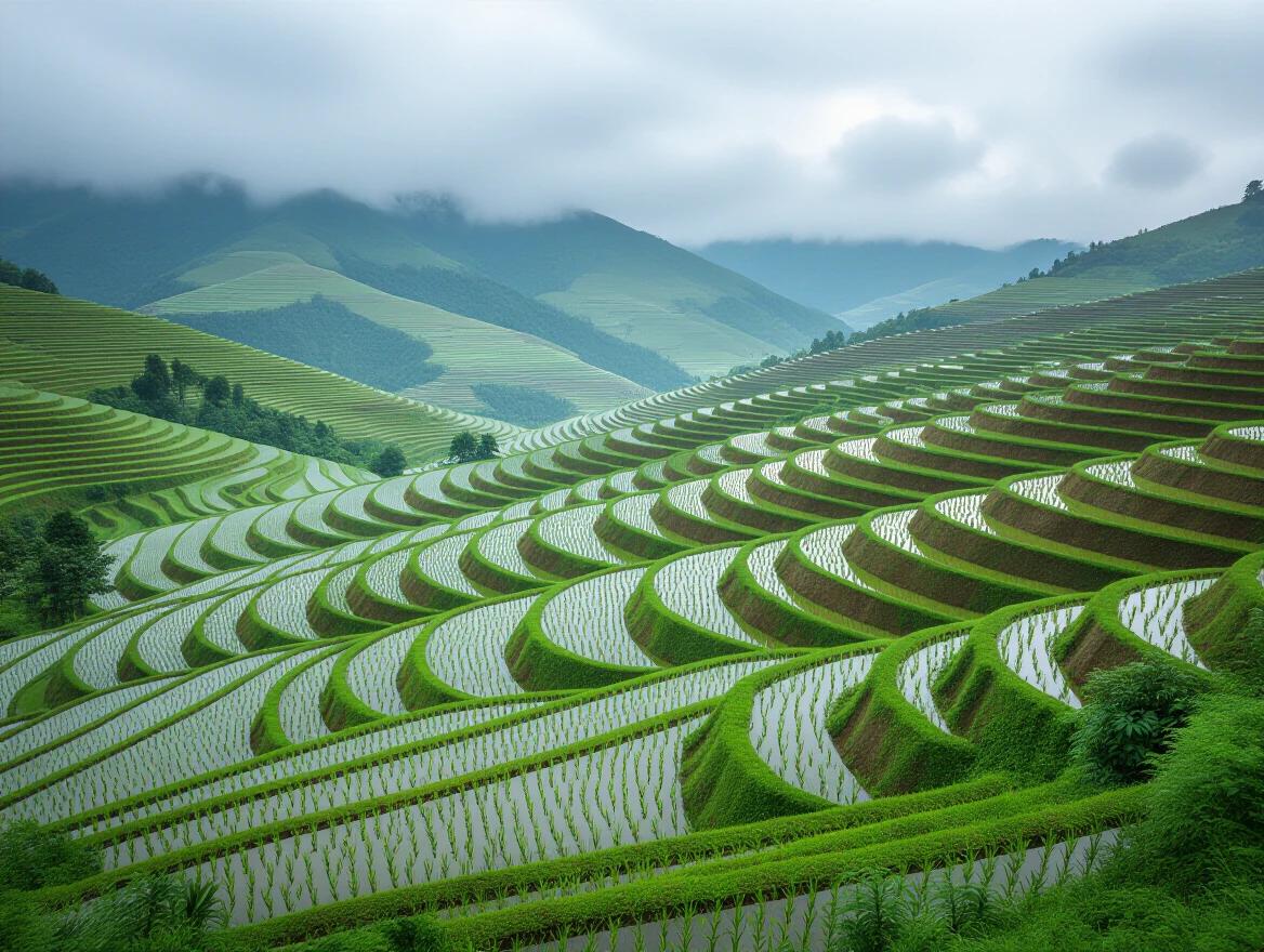 Image features a layered natural landscape with rolling mountains and cascading rice terraces. The scene creates a sense of depth and three-dimensional space. Soft light enhances the lush green hues.