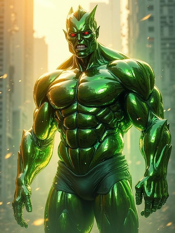 Hyperrealistic concept art featuring a chrome and green muscle figure. Mid shot of a hulking creature made from reflective metal. Stylized with complementary colors. Warm golden sunrise creates a dramatic atmosphere. High resolution and intense energy for visual appeal.