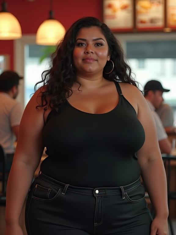 A very beautiful plus-size pear-shaped Latina girl wearing a black tank top and black jeans. The setting is a fast food restaurant with bright lighting. Capture a photorealistic portrait featuring her confidently standing in the space.