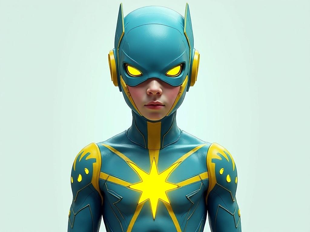 Design a young superhero character featuring an organic-inspired costume. The character has a helmet with a Guyver-like style, highlighting prominent eyes. At the center of the chest, there's a distinctive Nova star emblem. The color scheme consists of light blue and yellow, creating a vibrant look. To add a sense of energy, neon lines are integrated throughout the suit, making them stand out against the base colors.