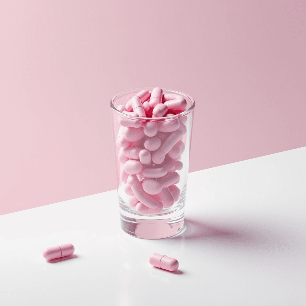 A clear glass filled to the brim with pink capsules, set against a soft pink background on a white surface.