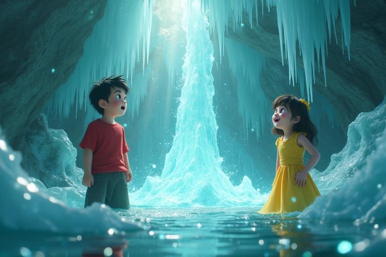 Magical 3D scene of ice fortress melting under sunlight. Children watching radiant water streams. Talented effects and consistent character designs. Joyful atmosphere with green shoots glowing.