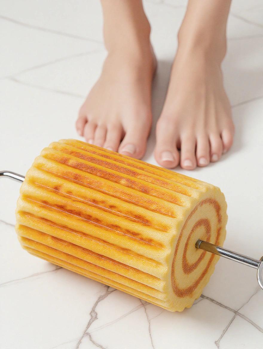 Clean close-up of soft toes next to a cylindrical grilled object on white marble surface.