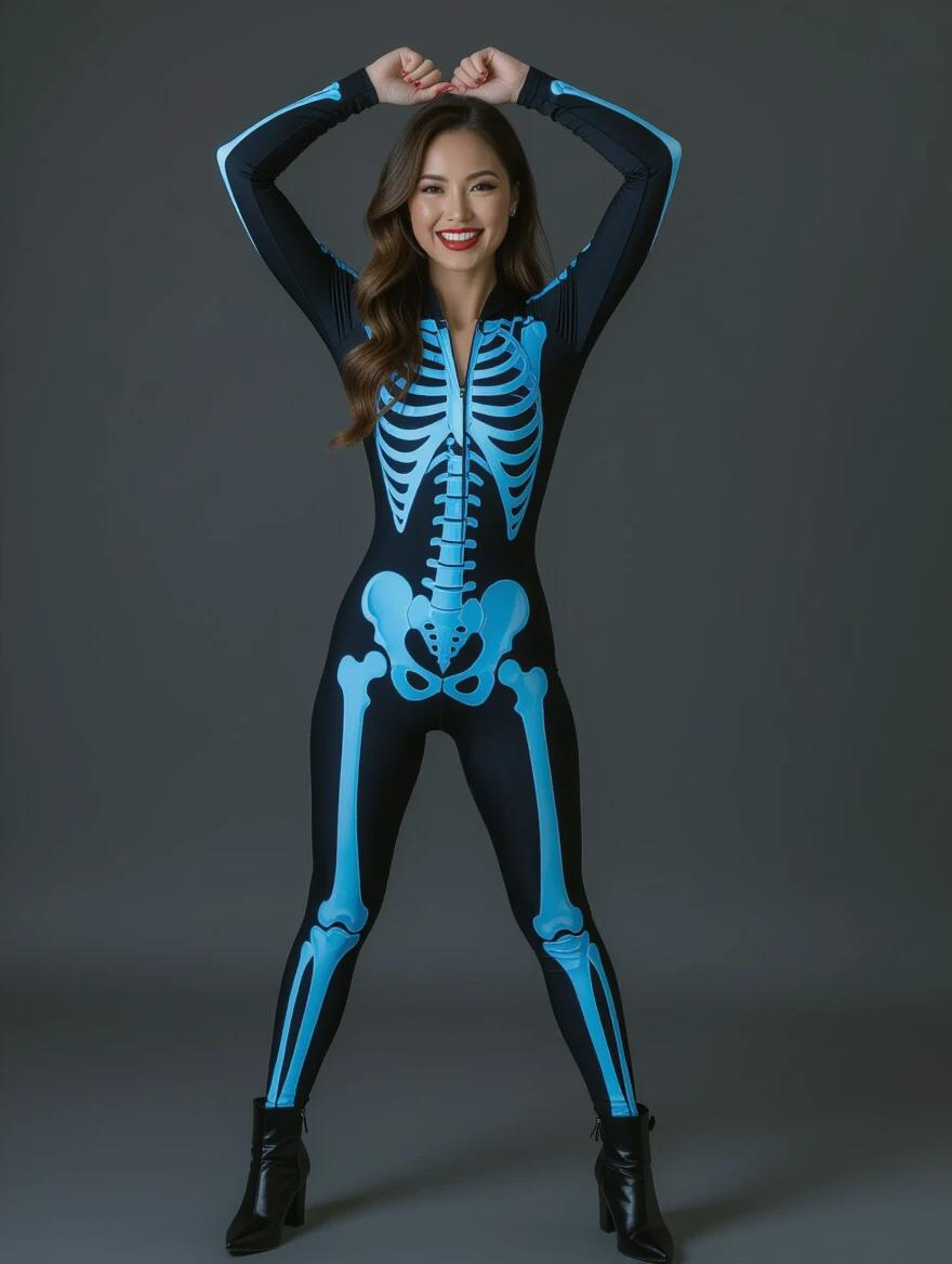 Photograph of a woman in a skeleton design bodysuit. She poses confidently against a simple background. The bodysuit features ribcage and bone designs in bright blue and white. Hands raised above her head, she smiles with red lipstick. She wears black ankle boots. The image is bright, clean, and focused. The atmosphere is lively and festive. The overall style is fun and eye-catching, suitable for Halloween.