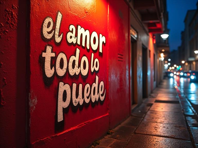 Vibrant urban background with red brick walls and striking graffiti. Text reads el amor todo lo puede in urban graffiti style with thick borders and spray effect. Bright red with 3D effect and pronounced shadows. City lights blurred creating bokeh. Realistic visual style with energetic urban atmosphere. Milk packaging centered and focused with subtle shadow.