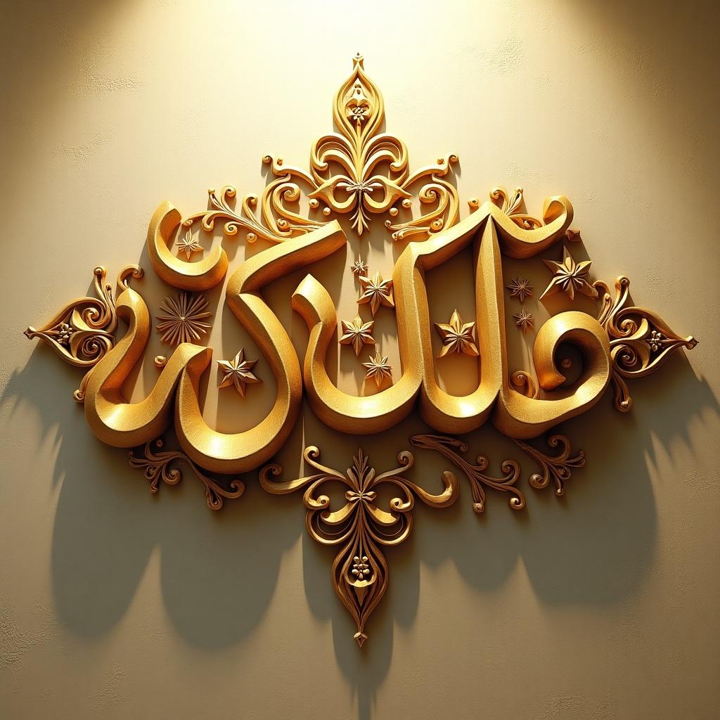 This image showcases intricate Arabic calligraphy featuring the word 'ذهبية', which translates to 'life'. The calligraphy is three-dimensional, rendered in a warm golden hue. Its design is adorned with decorative elements like stars and floral motifs, creating a rich visual experience. Soft lighting enhances the scene, casting gentle shadows that accentuate the depth of the lettering. The textured background adds contrast, making the golden script stand out beautifully. This artwork is a perfect representation of the artistic elegance found in Arabic script, suitable for cultural and decorative expressions.