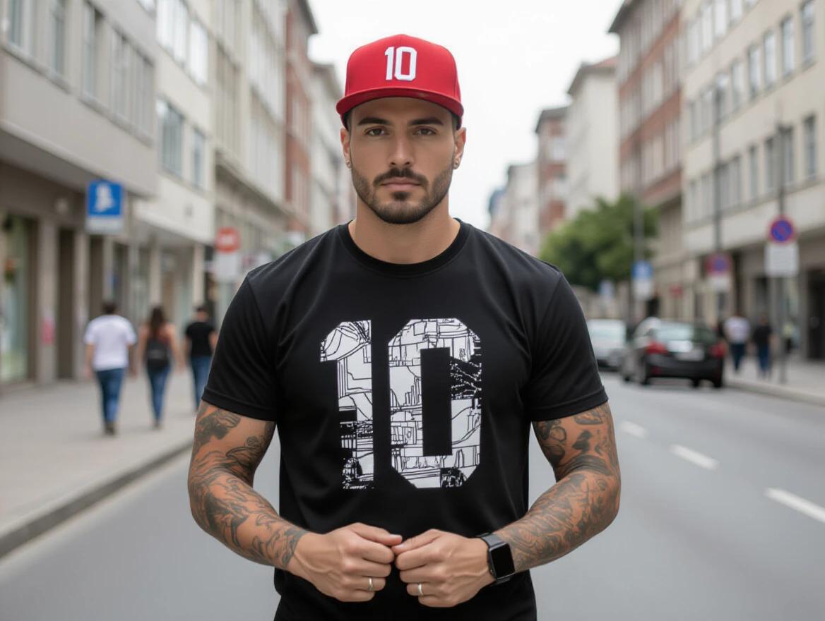 Man wears a black t-shirt with bold white print. The number '10' stands out prominently. He has a strong physique with visible tattoos. A striking red cap with a white '10' embroidered sits on his head. He is surrounded by an urban street scene. The atmosphere reflects a modern and trendy vibe.