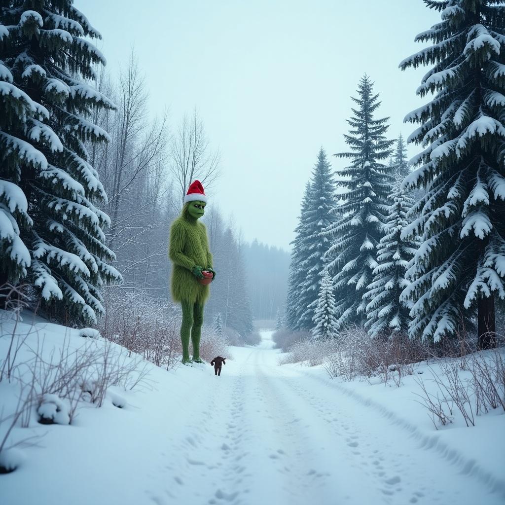 A whimsical figure resembling the Grinch stands tall on a snowy road in a winter wonderland. Pine trees covered in snow surround the scene with a light fog. The Grinch wears a Santa hat and holds a gift, evoking holiday cheer in a magical setting.