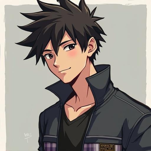 Anime style illustration of a boy with spiky hair. Character wears a casual black jacket with a shirt underneath. A confident expression on his face. Simple background. Digital artwork style.