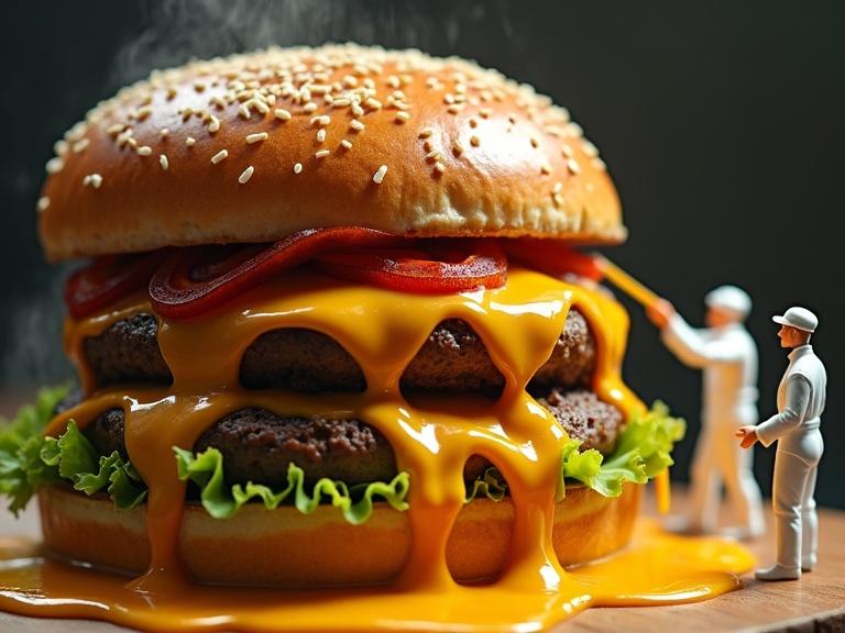 A large burger being assembled with sauce and cheese dripping down. Tiny humans in hotel uniforms stand beside the burger, working meticulously. Macro photography style with a wide view capturing the scene.