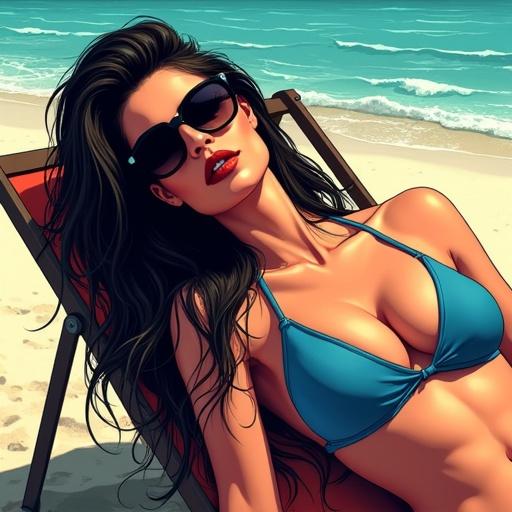 Busty dark-haired woman lies face down on beach lounge chair. Wears high-cut blue bikini and dark sunglasses. Hair cascades over back. Pose is relaxed and confident. Scene in comic noir style with dramatic lighting and bold inking. Sun casts highlights on skin. Breeze moves hair.