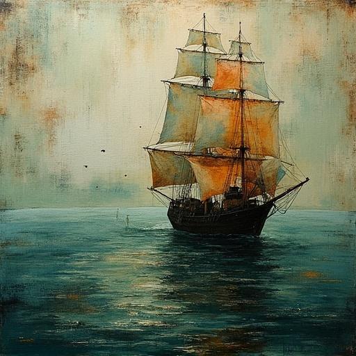 Abstract representation of a bay and ship. Use muted and darker colors. Emanate a verdant and enigmatic feeling. Combine collage and thread embroidery techniques.