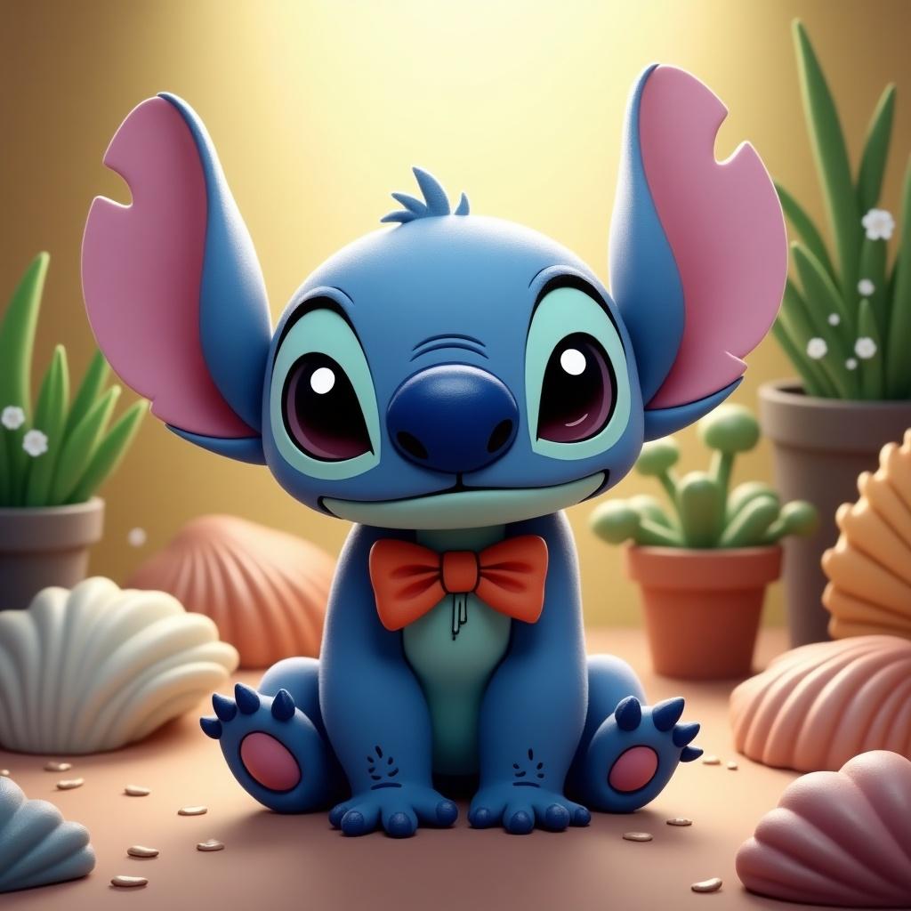 Cute blue character resembling Stitch. Large ears and bow tie. Set in colorful background with plants and shells. Warm soft lighting enhances the scene.