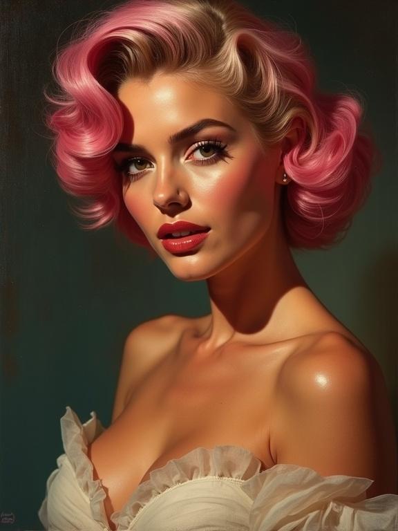 Striking image features a pin-up woman with pink-tipped hair. Blends chiaroscuro with bold colors. Style combines classical techniques with retro aesthetics.