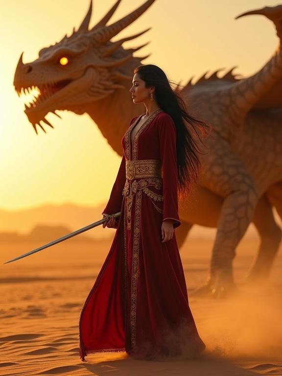 A cinematic digital artwork depicts a stunning woman in a luxurious deep red Moroccan caftan in the desert. She wields a sword. A massive dragon stands behind her, exhaling mist. The scene captures warmth and beauty at sunset.