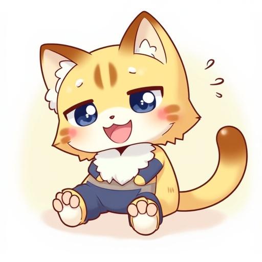 A cute cartoon cat character depicted in a playful style. The cat has a happy expression and colorful fur. Designed to evoke a sense of joy and playfulness.