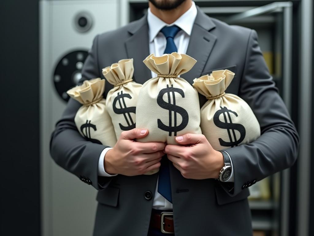 A man dressed in a grey suit is holding several bags of money in his arms. Each bag prominently features the dollar sign ($) on its front. In the background, a large money safe, typical of a bank, can be seen but is blurred, emphasizing the bags of money in the foreground. The man's body is visible from the neck down to the waist, creating a clear focus on his pose. The scene conveys a sense of wealth and secrecy, captured in a professional setting.