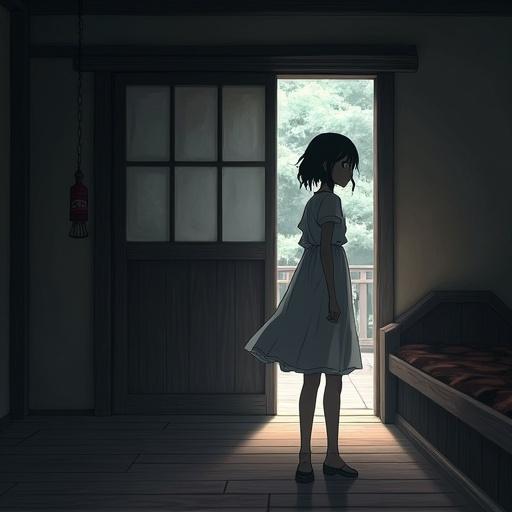 Anime style artwork featuring a girl standing in a dimly lit room with a cold gaze. She is turning away slowly, showcasing elegant movements with a guarded expression. The setting has a wooden floor and a sliding paper door, with shadows of trees visible through the window. The atmosphere feels tense.