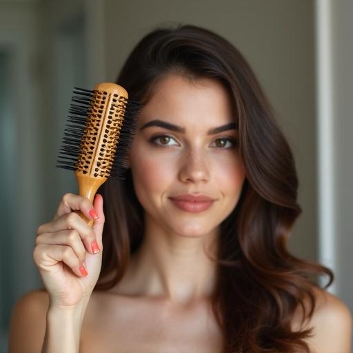 Woman holding a hairbrush with a confident expression. Hair is styled and framing the face. Soft lighting highlights features. 