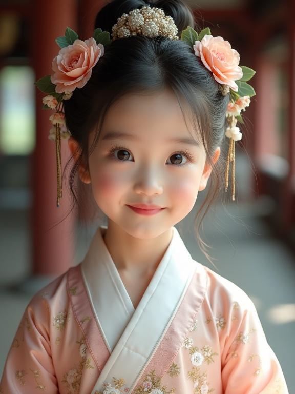 Young girl in traditional hanfu attire. Delicate facial features highlighted by soft light. Floral accessories adorn her hair, adding elegance. She poses gracefully in a cultural setting.