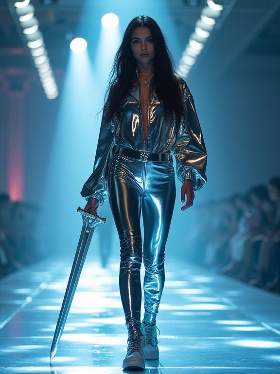 Confident girl model in chrome and latex battlewear walking on a holographic runway. Wielding a crystal blade. Lit with pinpoint white spotlights and accent backglow. Captured at mid-range with an 85mm lens for bokeh effect. Motion freeze shot. High clarity fashion combat editorial.