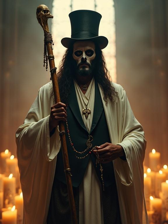 Powerful striking portrait of a figure combining Jesus of Nazareth with Baron Samedi. Figure stands facing forward. Exudes compassion and mystery. Gentle serene expression flowing hair faint halo. Attire blends white robe with dark suit top hat. Rich deep skin tone shining eyes. Subtle skull-like face paint. Holds staff and rosary entwined with voodoo beads. Background of glowing candles and ethereal light. Mood is sacred and enigmatic.