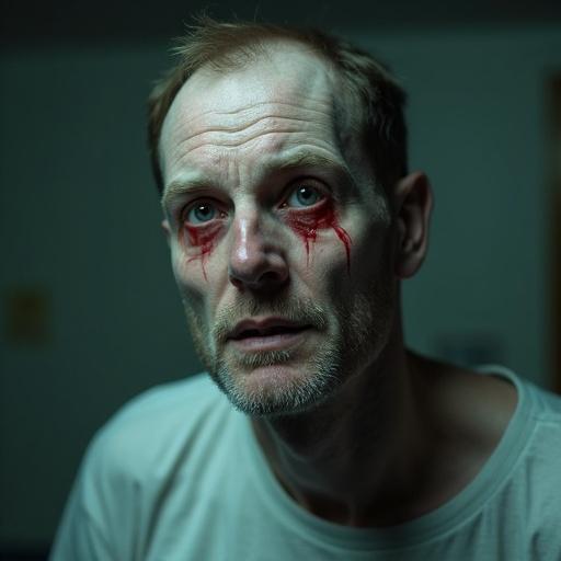 Realistic medical photograph of a confused man with pale skin, red eyes, and visible sweating. Dark and bloodshot eyes add to the alarming expression.