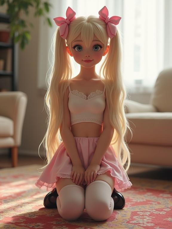 A character with long blonde hair in twin tails wears pink bows kneeling on a colorful rug in a bright living room. Outfits include a crop top, pale pink skirt, and thigh-high socks. Soft lighting highlights the scene.
