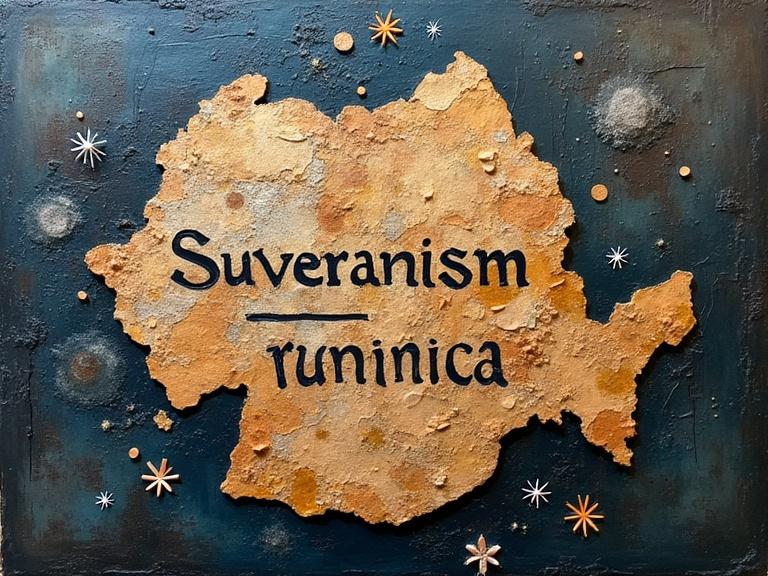 Mixed media artwork featuring a map of Romania with the text 'Suveranism=minciuna'. Utilizes textures like jute fibers and sand. Incorporates playful elements like origami and glitter. Dark background to create depth. Focus on rich texture and layers for a stunning appearance.