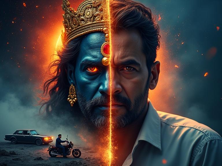 High-impact YouTube thumbnail featuring a split image design. Left side shows mythological figure Lord Shani Dev with a black-blue glowing skin tone, glowing orange eyes, and intense expression, adorned with gold accessories. Background includes cosmic elements and symbols of chaos like a crashed motorcycle. Right side features a stressed office man in formal attire with a shocked expression. Cool blue lighting contrasts the left side. Center text includes bold titles related to astrology secrets.