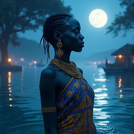A mesmerizing West African water spirit with blue-black skin. Face adorned with tribal markings in white clay. Eyes glowing with silver sheen, framed by dew beads. Wearing aquatically inspired jewelry, standing in a moonlit lagoon. Surrounded by Baobab silhouettes and glowing Adinkra symbols. Background features a misty coastal cityscape. The mood is sacred and mystical.