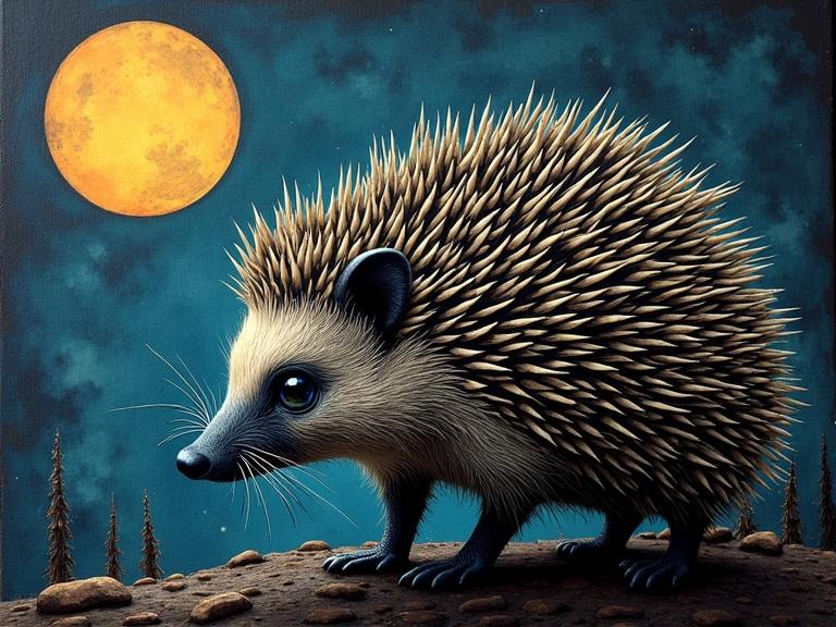 3d hyper-detailed textured scratchboard hedgehog under moonlight with a mysterious backdrop
