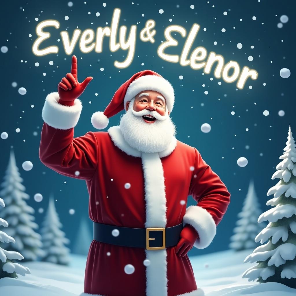 The image depicts a joyful Santa Claus standing in a winter wonderland. He is dressed in his traditional red suit with white trim and a matching hat. Santa is pointing upward as if he is magically writing a name in the sky. Snowflakes gently fall around him, adding to the festive atmosphere. In the sky, the name 'Everly & Elenor' is written in bright, glowing letters. The background features snowy trees, enhancing the Christmas scene.