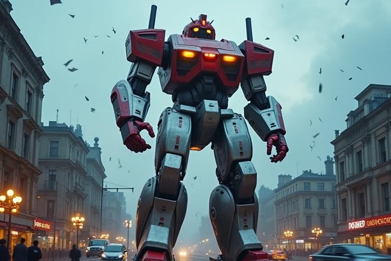 Create an image of a giant robot in a town setting. The robot is 250 ft tall, metallic with red, blue, yellow, and dark silver colors. Include flying metal pieces, energy ribbons, and a dark cloudy sky. Show traffic, people, and shops around.