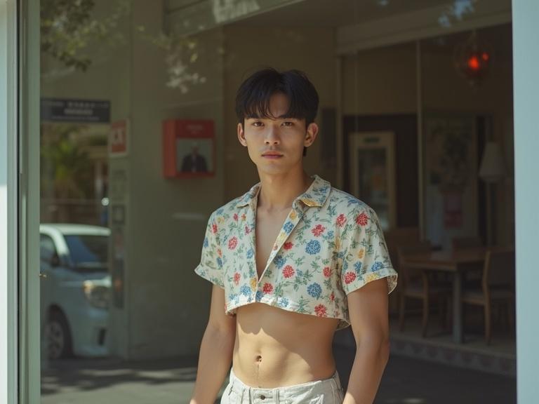 A man with soft masculine features wearing a floral crop top. He stands confidently with a calm expression. The man has short dark hair. The photo is taken during the day. Soft daylight fills the scene. The view is from outside through a large glass window. The entire window is visible. The image shows a red-light district room with urban street elements in the foreground.