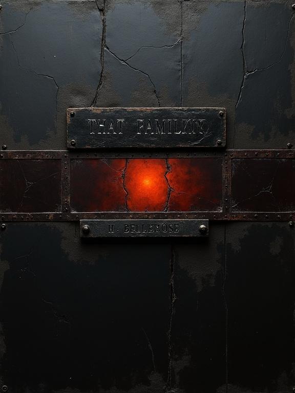 Dark minimalist oil painting with black textured background. In the center, horizontal strip of damaged film negative with a dim red-orange glow behind it. A distressed black metal plaque at the top features the title 'That Familiar Static.' Bottom right corner has a crooked parchment-like nameplate reading 'H. Bellerose.' The overall palette is dark and shadow-heavy with emphasis on textures. Mood is grim and cinematic.