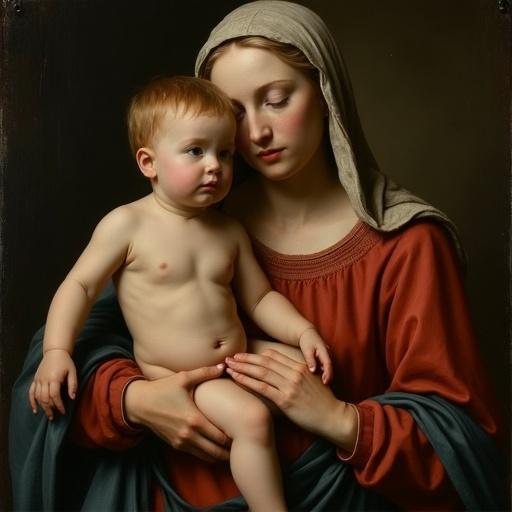 Madonna with child in classical Flemish style. Features Rembrandt-like lighting. Sacred atmosphere. Defined hands. Natural fingers. Realistic gestures. Harmonious composition. No extra fingers or deformities.
