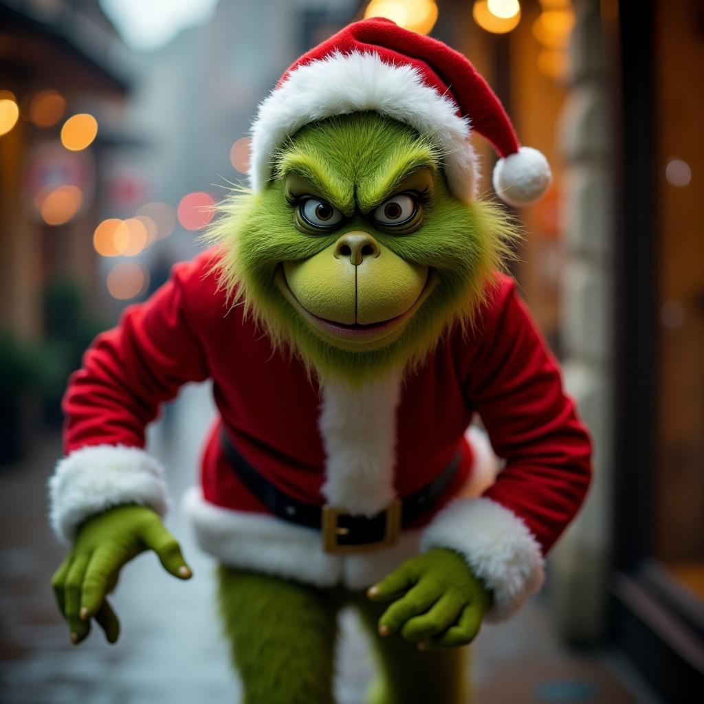 The Grinch sneaks around wearing a Santa outfit. The setting is festive with warm lights. The Grinch exhibits a playful stance.