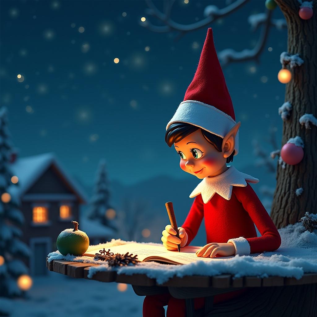 Elf on the shelf writing ‘Andie’ in night sky. Night setting with snow and Christmas decorations.