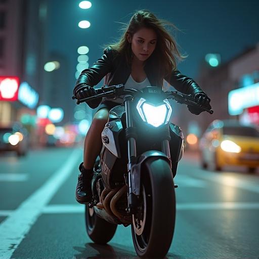 A young woman wearing a white sports push-up bra and a leather jacket rides a sports motorbike. She wears black shorts. The scene is set on a city street at night. The atmosphere is illuminated by neon lights. The image captures a sense of motion. The composition has a wide angle to emphasize the action.