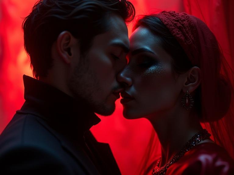 Close-up of an intimate moment between a couple. They are in soft light with red hues. The atmosphere is dramatic and romantic. The individuals display elegance and allure. Focus on their faces and connection.