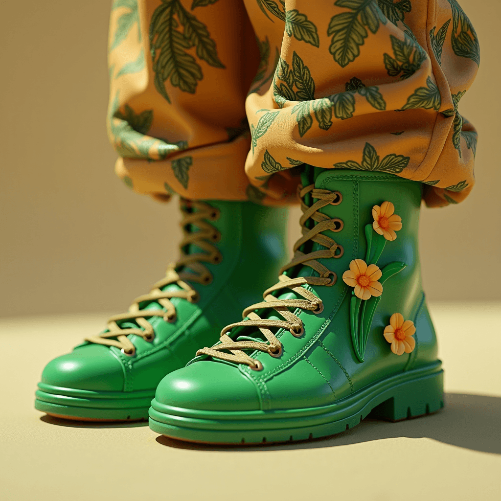 Bright green combat boots adorned with yellow flowers pair uniquely with tan pants featuring a green leaf pattern.