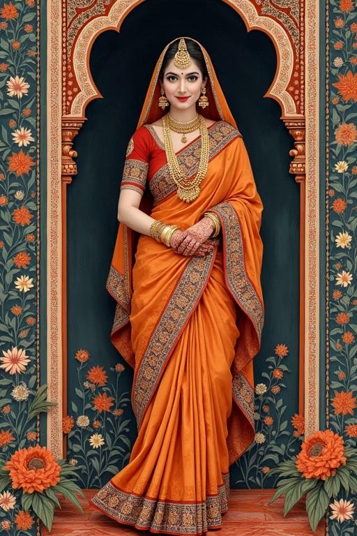 Ultra high-definition image of an Indian woman in a traditional bridal saree. She stands gracefully, adorned with elaborate jewelry and mehndi. The saree features ornate patterns typical of South Indian attire. The style reflects Kalamkari art with detailed brushwork, natural dyes, and mythological motifs. The background shows floral and temple-inspired elements, enhancing cultural richness.