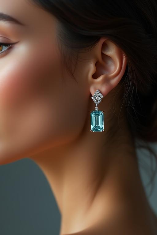 Female model in profile view wearing aquamarine drop earrings. Earring in focus swings slightly. Model has olive skin and dark brown hair in an updo. Elegant studio setting with diffused lighting. Dark grey background with smooth gradient. Earring showcases teal-blue color and diamond halo setting.